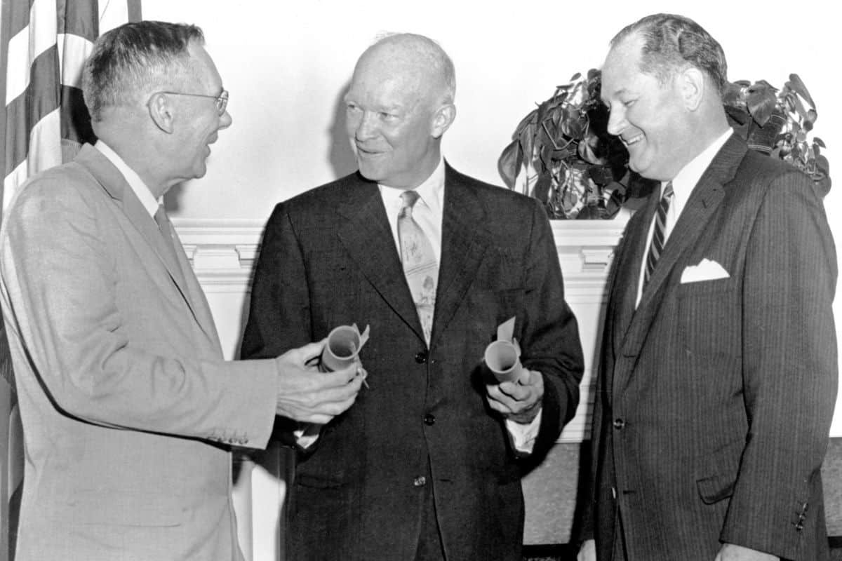 President Dwight D. Eisenhower is pictured with Dr. Hugh Dryden (left) and Dr. T. Keith Glennan